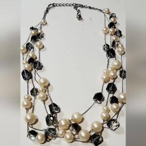 Elegant Pearl and Black Bead Necklace